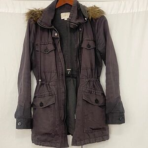 LOFT Charcoal Gray Zip Removable Hood W/Faux Fur XS